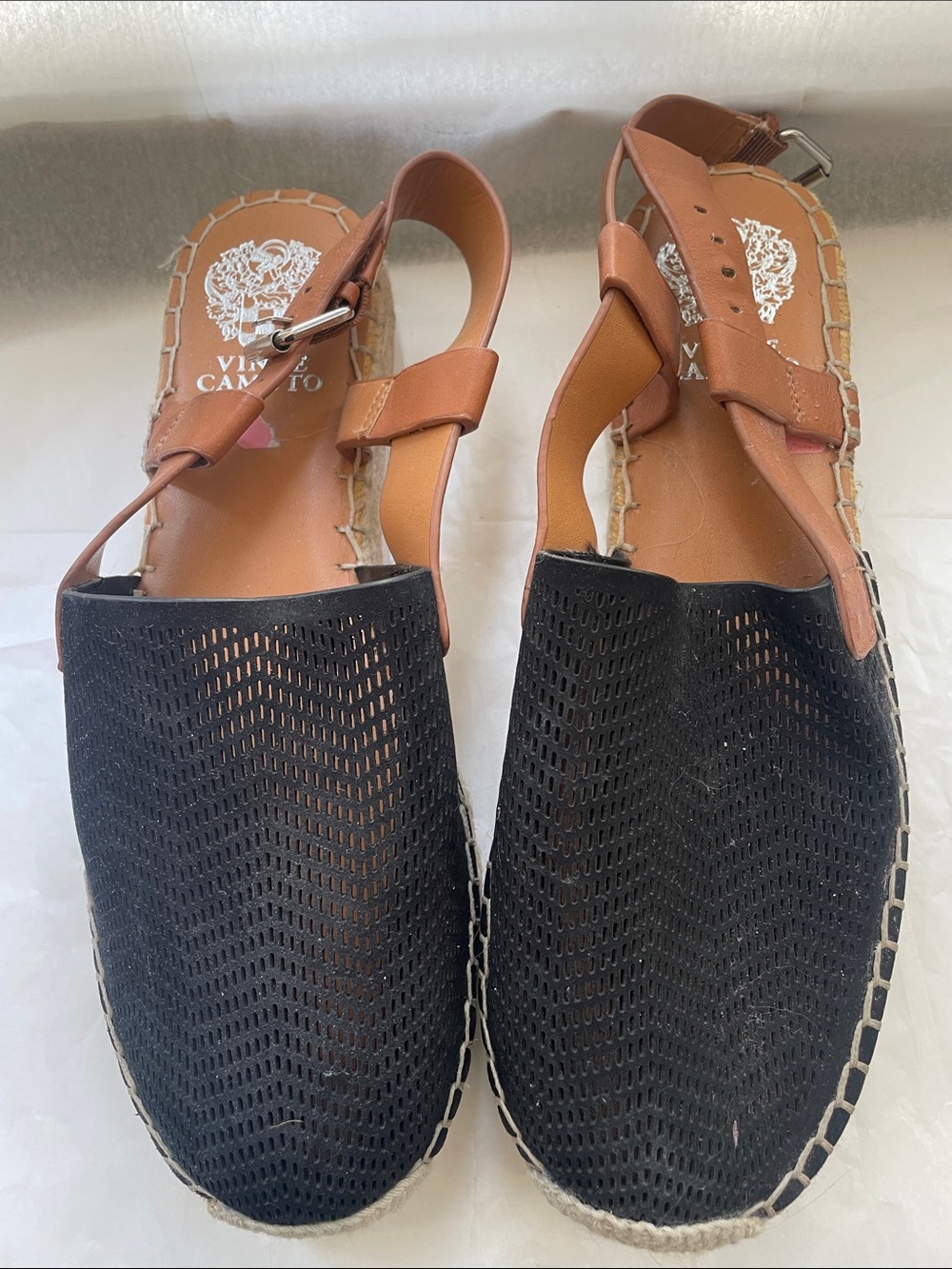 Vince Camuto Black Woven Espadrille Slingback with Tan Leather Strap